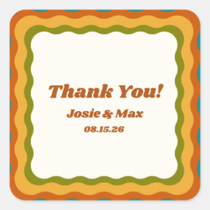 Wavy Border Retro 70s Colorful Thank You Wedding Square Sticker