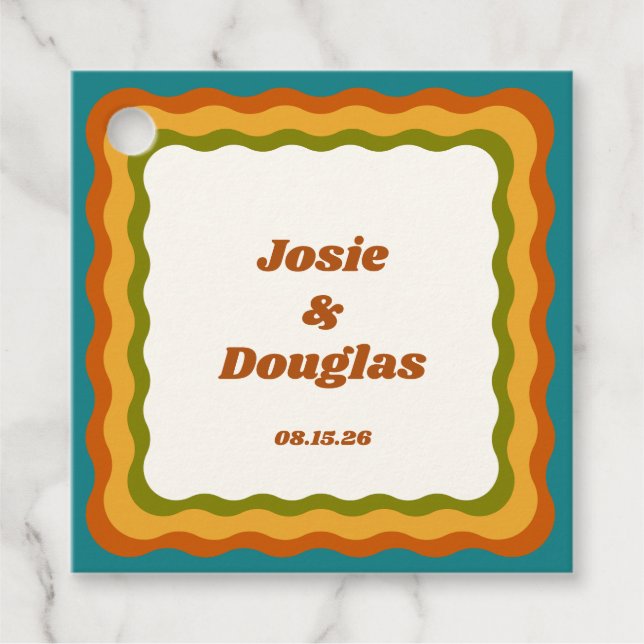 Wavy Border Retro 70s Vintage Aesthetic Wedding  Favor Tags (Front)