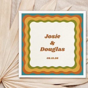 Wavy Border Retro 70s Vintage Aesthetic Wedding Napkins