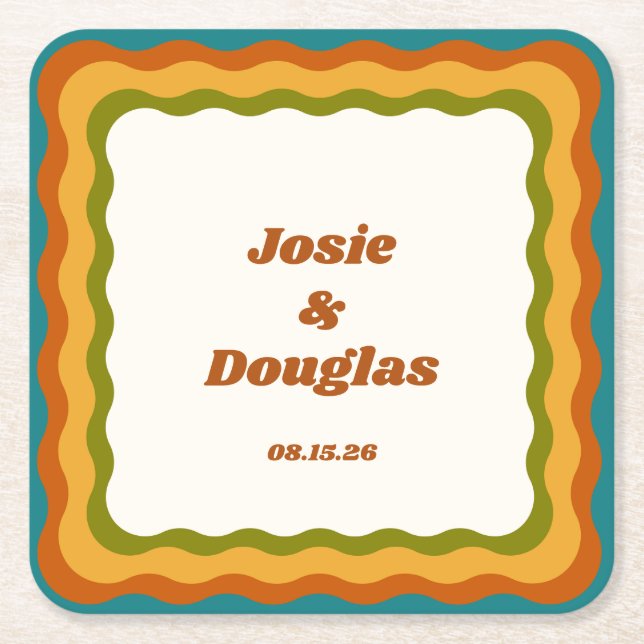 Wavy Border Retro 70s Vintage Aesthetic Wedding  Square Paper Coaster (Front)
