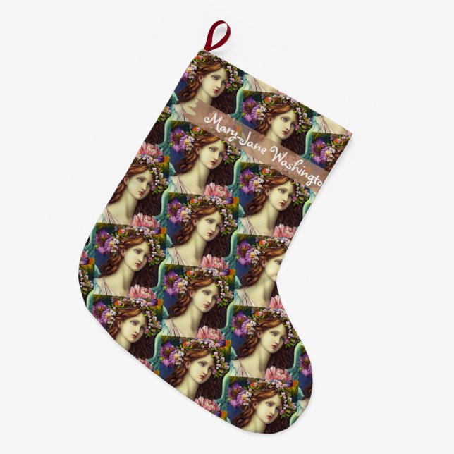 Wavy brown hair young lady flowers Believer custom Large Christmas Stocking (Front (Hanging))