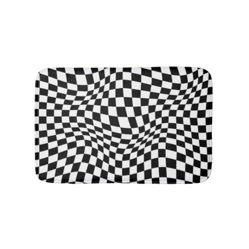 Wavy Checkered Black White Checkerboard Bath Mat