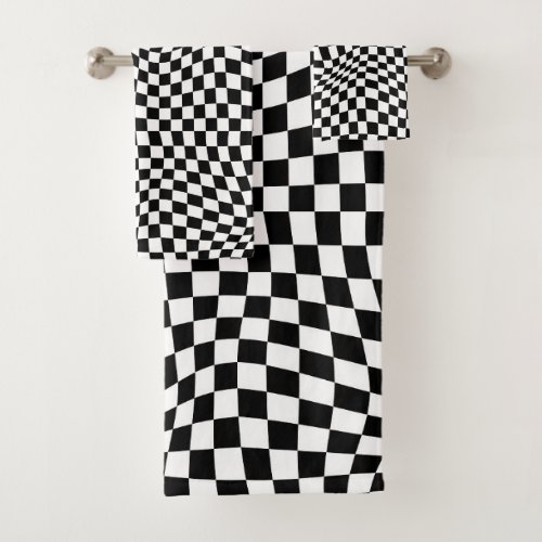 Wavy Checkered Black White Checkerboard Bath Towel Set