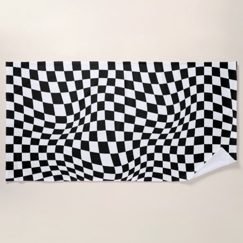 Wavy Checkered Black White Checkerboard Beach Towel