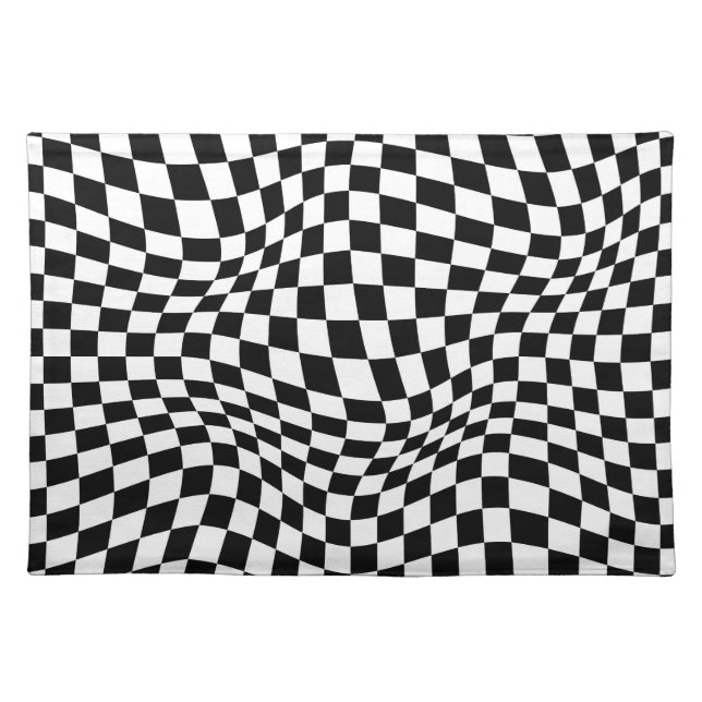 Wavy Checkered Black White Checkerboard Cloth Placemat (Front)
