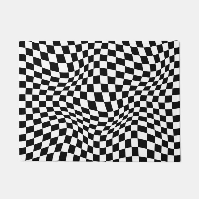 Wavy Checkered Black White Checkerboard Doormat (Front)