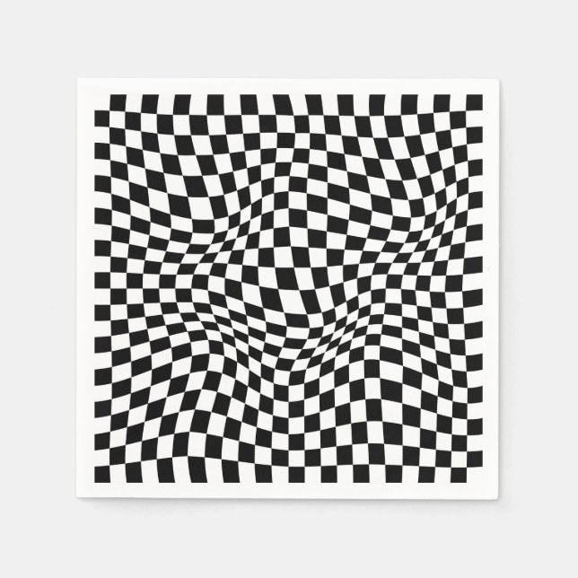 Wavy Checkered Black White Checkerboard Napkins (Front)