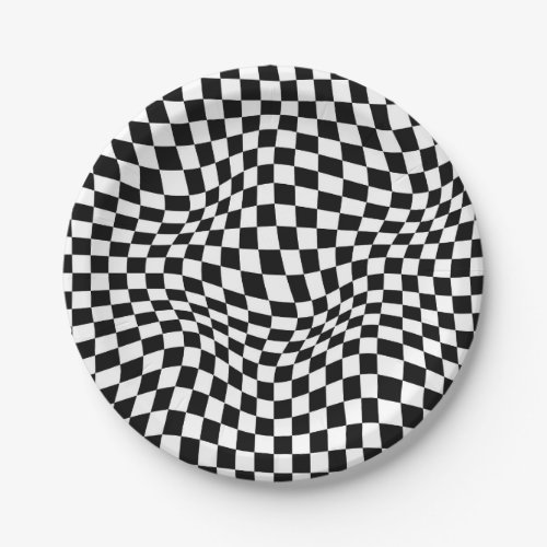 Wavy Checkered Black White Checkerboard Paper Plates