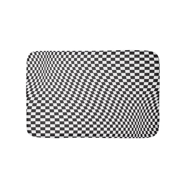 Wavy Checkered Black White Checkerboard Pattern Bath Mat (Front)