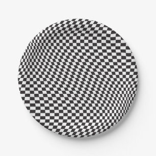 Wavy Checkered Black White Checkerboard Pattern Paper Plates