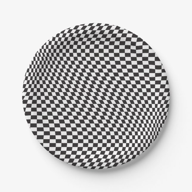 Wavy Checkered Black White Checkerboard Pattern Paper Plates (Front)