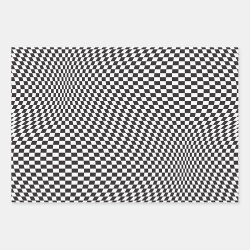 Wavy Checkered Black White Checkerboard Pattern Wrapping Paper Sheets