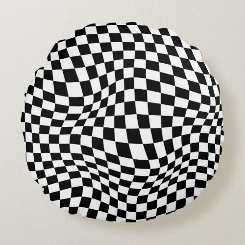Wavy Checkered Black White Checkerboard Round Pillow