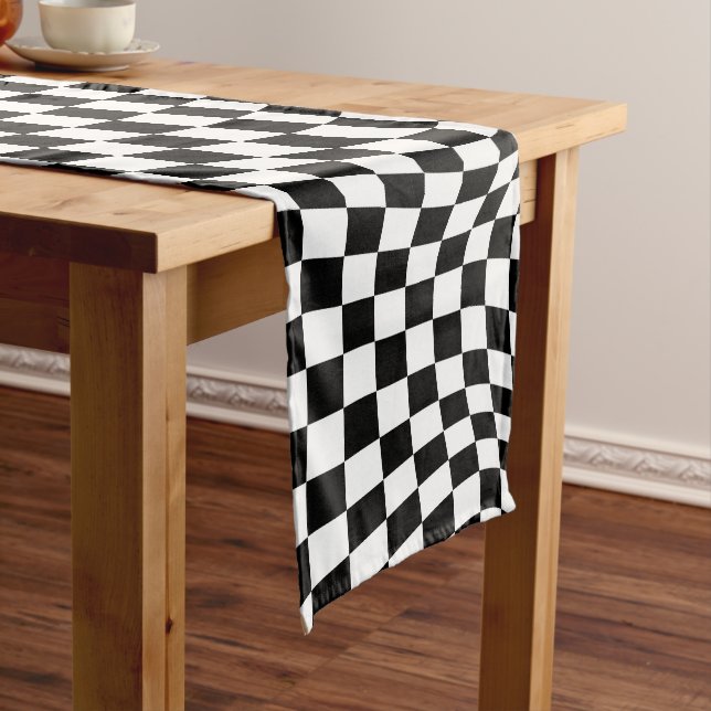 Wavy Checkered Black White Checkerboard Short Table Runner (In Situ)