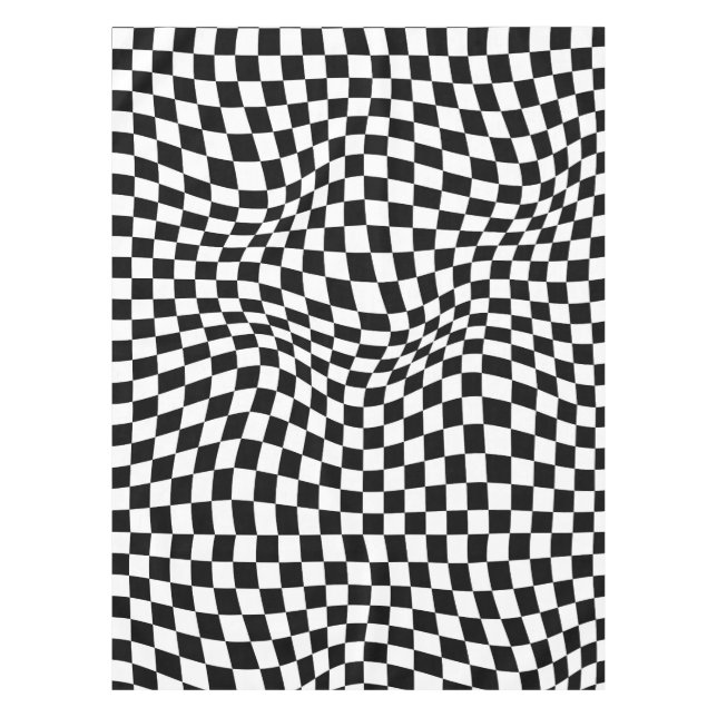 Wavy Checkered Black White Checkerboard Tablecloth (Front)