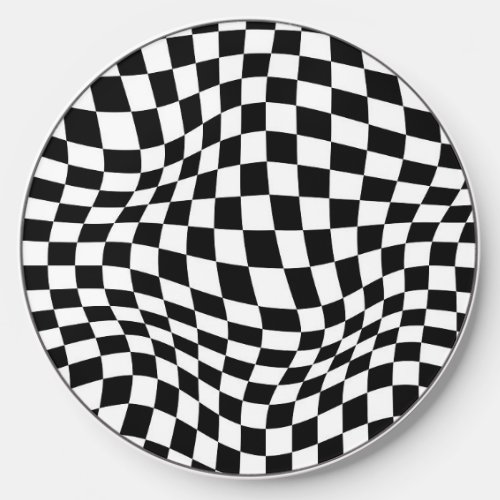 Wavy Checkered Black White Checkerboard Wireless Charger