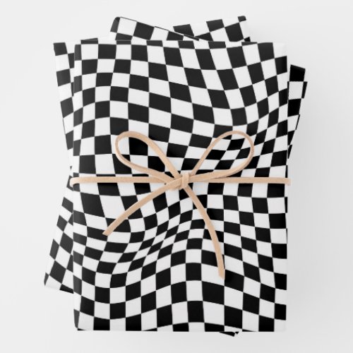 Wavy Checkered Black White Checkerboard Wrapping Paper Sheets