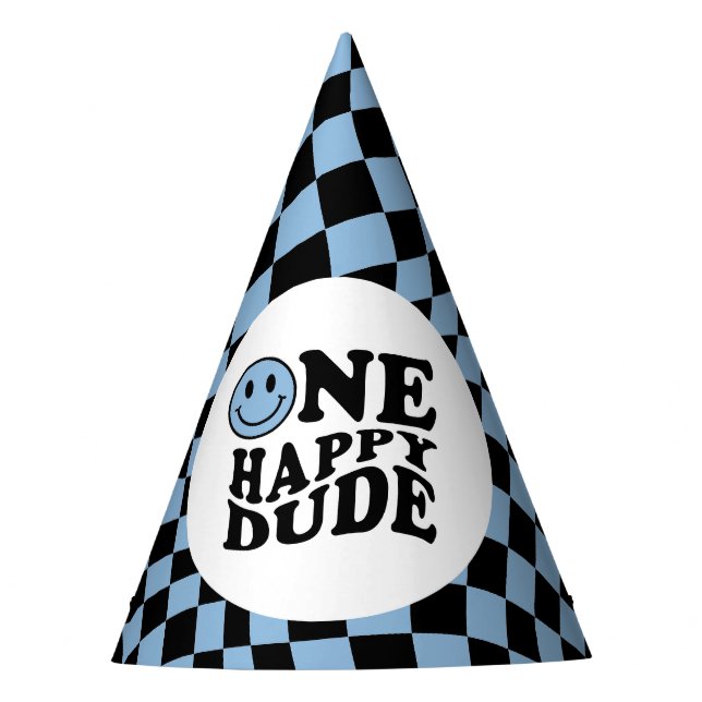 Wavy Checkered Blue Smile Face One Happy Dude Party Hat (Front)