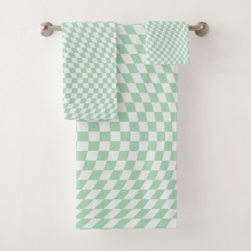 Wavy Checkered Pastel Green Checkerboard Pattern Bath Towel Set