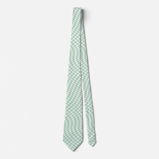 Wavy Checkered Pastel Green Checkerboard Pattern Neck Tie (Front)