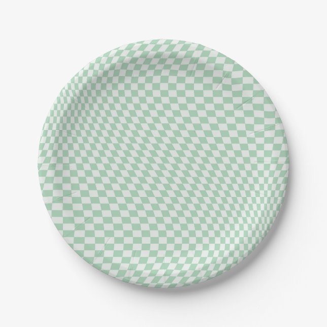 Wavy Checkered Pastel Green Checkerboard Pattern Paper Plates (Front)