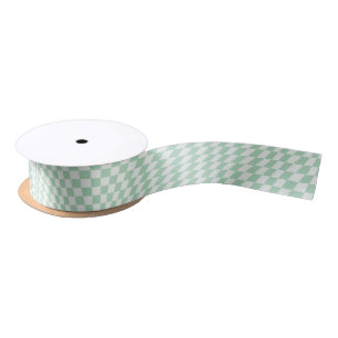 Wavy Checkered Pastel Green Checkerboard Pattern Satin Ribbon
