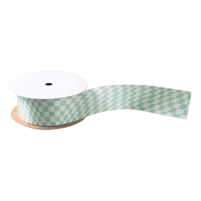 Wavy Checkered Pastel Green Checkerboard Pattern Satin Ribbon (Spool)