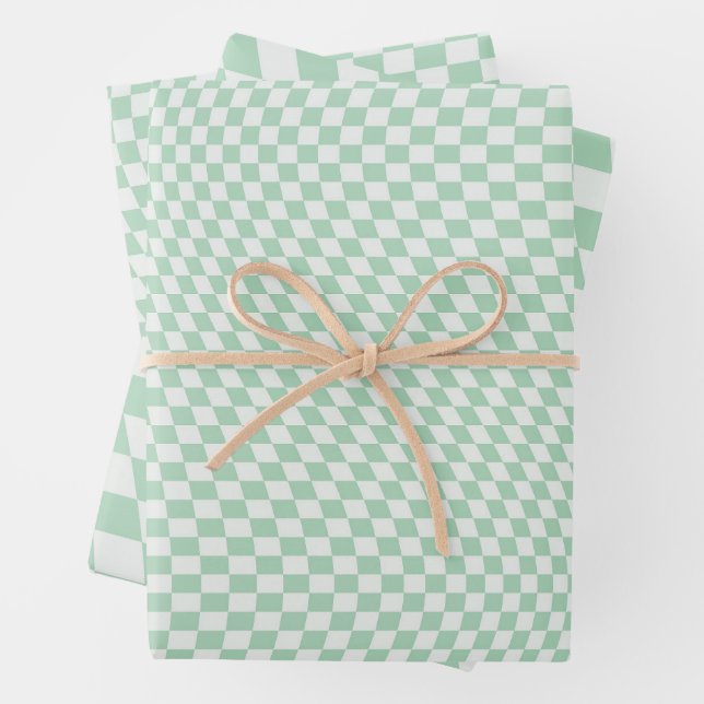 Wavy Checkered Pastel Green Checkerboard Pattern Wrapping Paper Sheets (In situ)