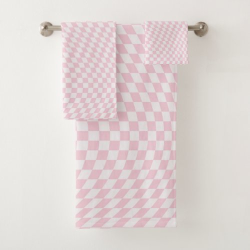 Wavy Checkered Pastel Pink Checkerboard Pattern Bath Towel Set