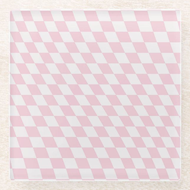 Wavy Checkered Pastel Pink Checkerboard Pattern Glass Coaster (Front)