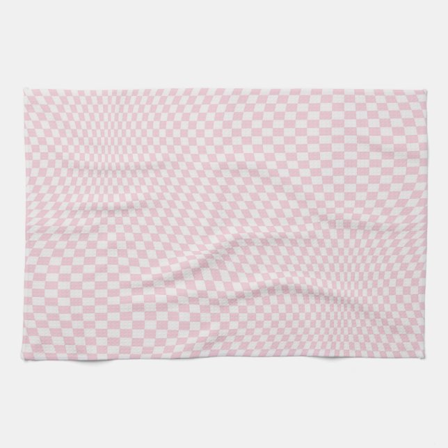 Wavy Checkered Pastel Pink Checkerboard Pattern Kitchen Towel (Horizontal)