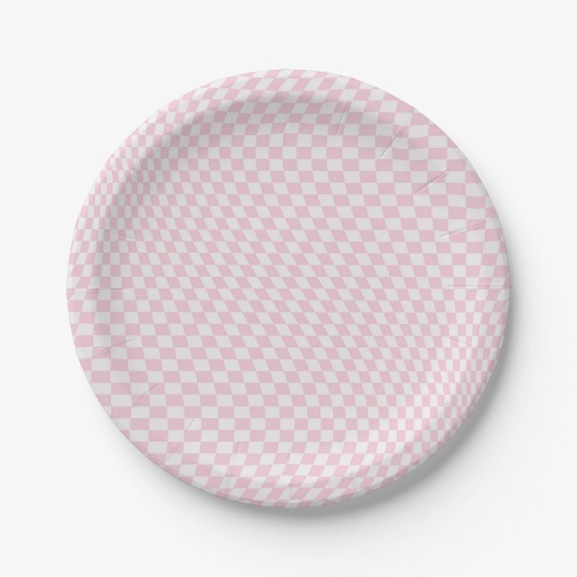 Wavy Checkered Pastel Pink Checkerboard Pattern Paper Plates (Front)