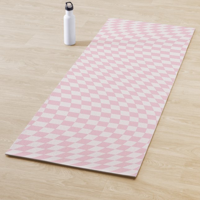 Wavy Checkered Pastel Pink Checkerboard Pattern Yoga Mat (In Situ)