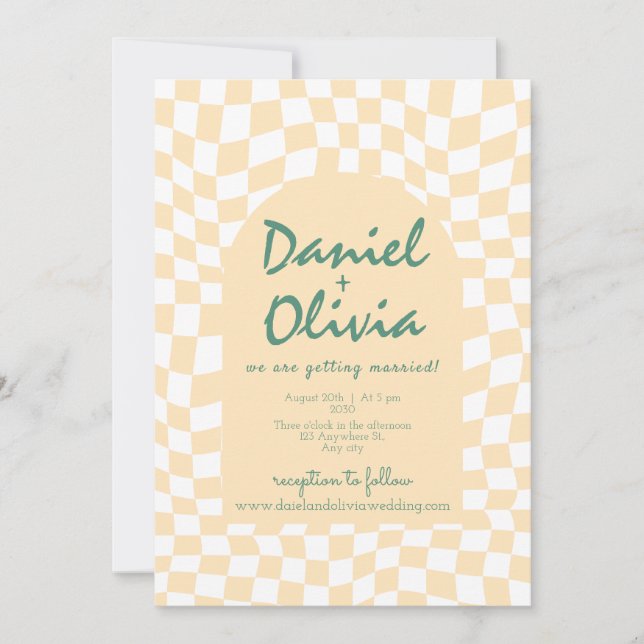 Wavy Checkered Pattern with Photo Wedding Invitation (Front)