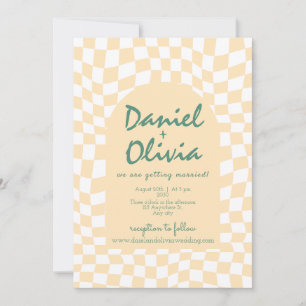 Wavy Checkered Pattern with QR Wedding Invitation
