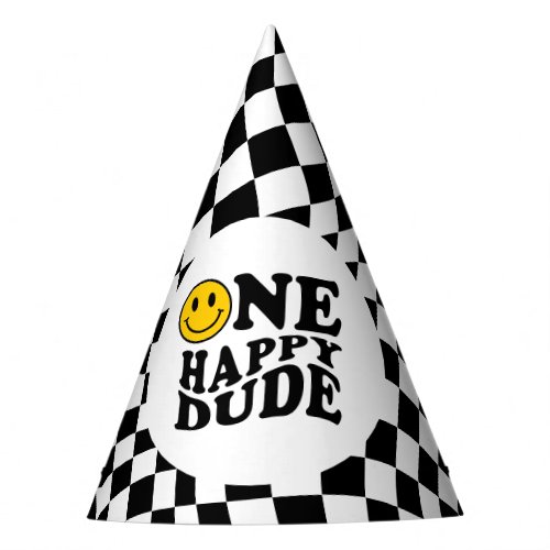 Wavy Checkered Yellow Preppy Smile One Happy Dude Party Hat