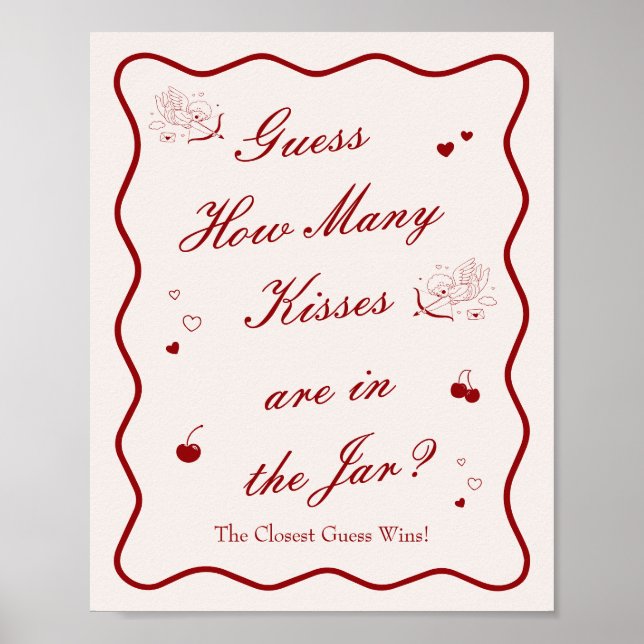 Wavy Cherry Bridal Shower Guess How Many Kisses Poster (Front)