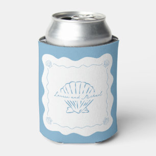Wavy Coastal Modern Minimalist Dusty Blue Wedding Can Cooler