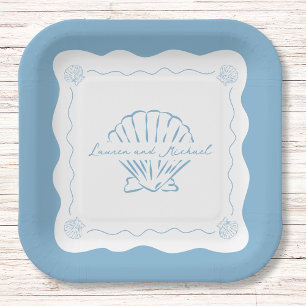 Wavy Coastal Modern Minimalist Dusty Blue Wedding  Paper Plates
