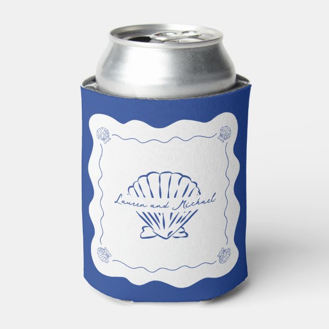Wavy Coastal Modern Minimalist Navy Blue Wedding  Can Cooler (Can Front)