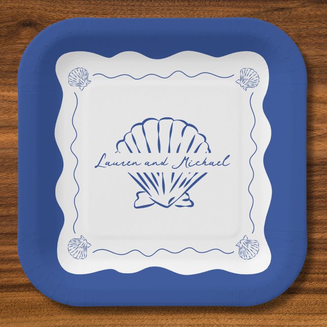 Wavy Coastal Modern Minimalist Navy Blue Wedding  Paper Plates (Creator Uploaded)