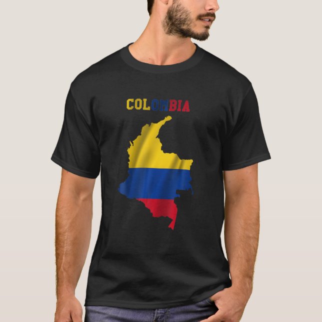 Wavy Colombian Flag Inside Map Of Colombia T-Shirt (Front)