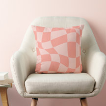 Wavy Coral Pink Checkered Bedroom Throw Pillow