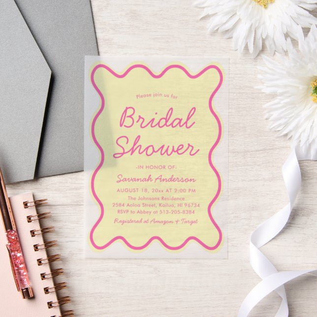Wavy Curvy Bold Pink and Yellow Bridal Shower Vellum Invitations (Wedding)