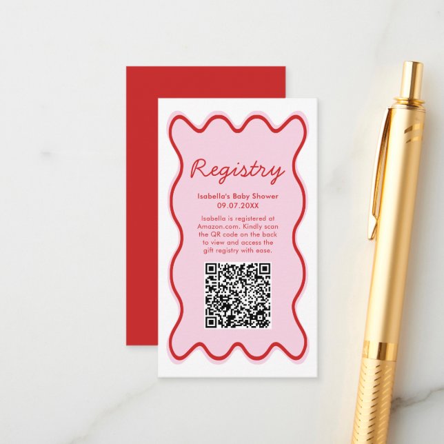 Wavy Curvy Pink Red Baby Shower Registry QR Code Enclosure Card (Front/Back In Situ)