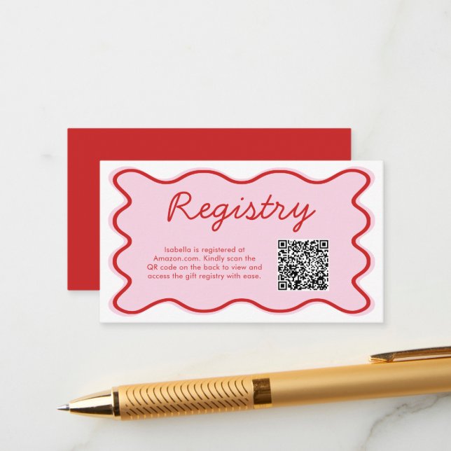 Wavy Curvy Pink Red Baby Shower Registry QR Code Enclosure Card (Front/Back In Situ)