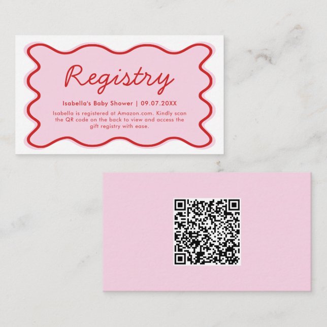 Wavy Curvy Pink Red Baby Shower Registry QR Code Enclosure Card (Front/Back)