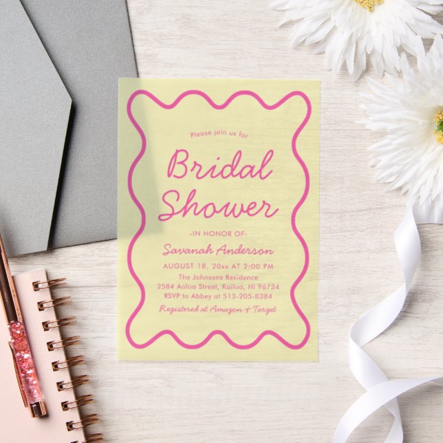 Wavy Curvy Retro Pink Yellow Bridal Shower Vellum Invitations (Wedding)