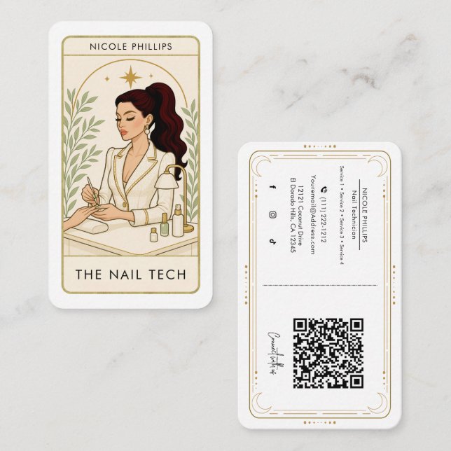 Wavy Dark Brunette Hair Nail Tech Social Media QR Business Card (Front/Back)