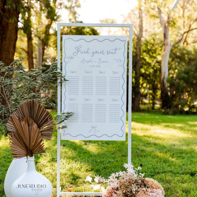 Wavy Dusty Blue Wedding Seating Chart 8 Tables  Foam Board (dusty blue wedding seating chart 8 tables, vintage inspired wedding, hand written wavy seating sign)